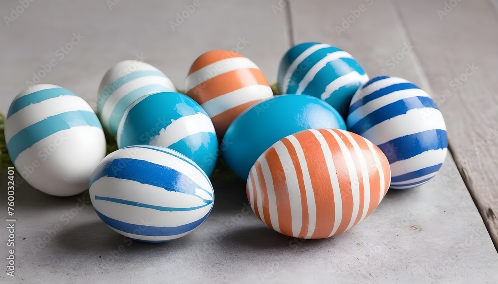 Fototapeta premium Blue and white stripes colored easter eggs in a wicker nest