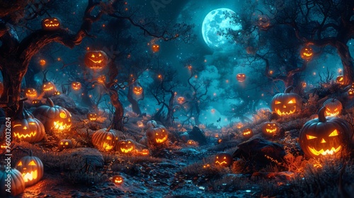 The Jack O' Lanterns in the Spooky Forest at Midnight - Halloween