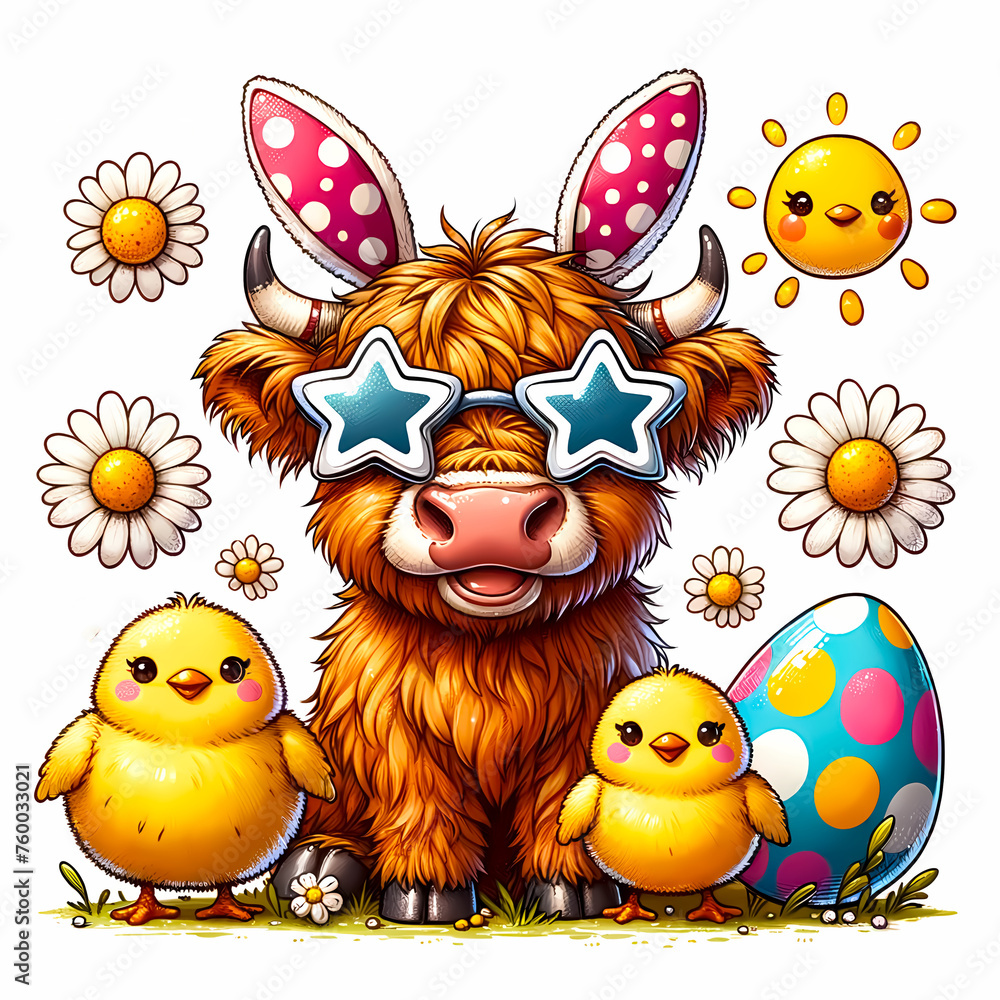 Groovy highland cow with Easter chicklets