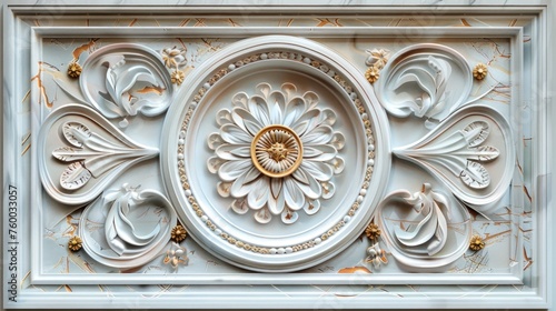 decorative mandala ornament on white marble surface, suitable for detailed ceiling and wall art wallpaper
