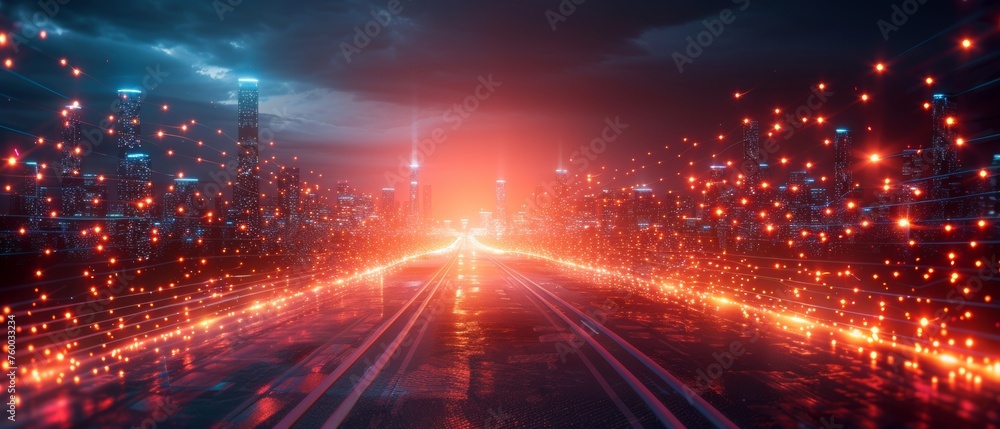 An abstract polygon pattern connecting a smart city with a speed line light and big data connection technology concept. - obrazy, fototapety, plakaty 
