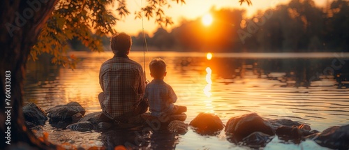 Picture of father and son sitting together on rocks fishing with rods in calm lake waters. They are both wearing checkered shirts. photo