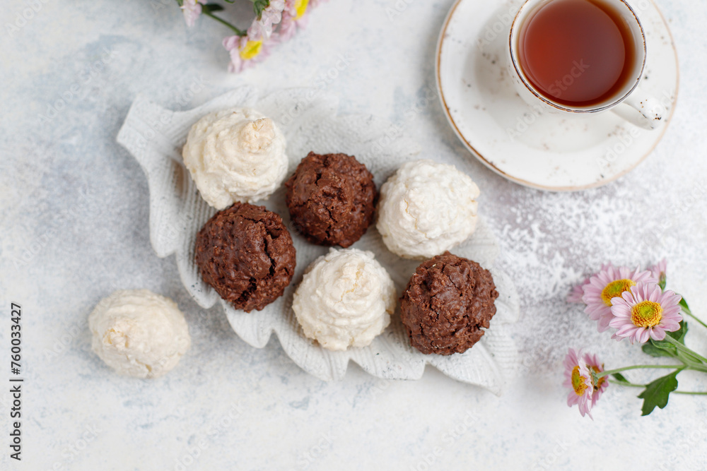 Delicious homemade meringue cookies with coconut flakes. Delicious homemade meringue cookies with coconut flakes.
