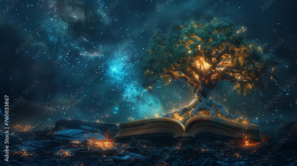 Digital futuristic concept of knowledge of books as a tree with the concept of laws and environment. Modern illustration on the dark night background with light neon. - obrazy, fototapety, plakaty 