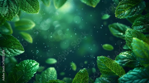 Air flow effects with fresh and mint bubbles. Circular orbit with menthol leaf bubbles. Splash of flying mint leaves to give menthol flavor to cool drinks. Modern illustration.