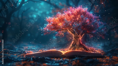 Digital illustration of knowledge of books in a futuristic style. The tree symbolizes the environment or laws from a book. photo