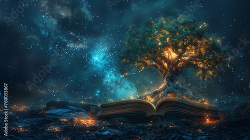 Digital futuristic concept of knowledge of books as a tree with the concept of laws and environment. Modern illustration on the dark night background with light neon. photo