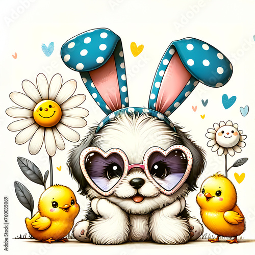 Cute Easter puppy with little chicklets photo