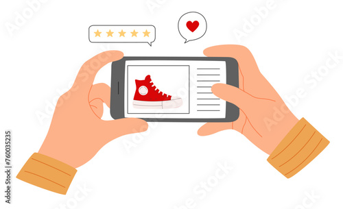 Hand holding smartphone, liking product in shoe store. Commercial template on white background. Customer feedback.