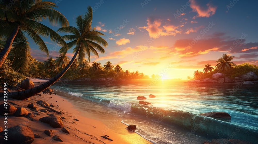 Beach panorama with sea water and palm trees and beautiful sunset view.