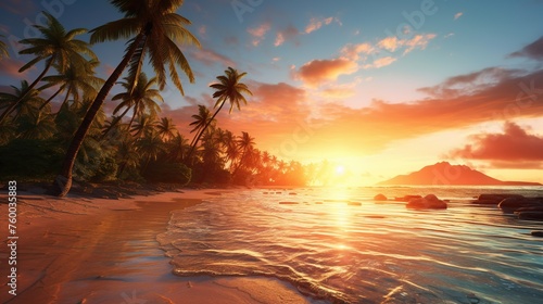 Beach panorama with sea water and palm trees and beautiful sunset view.