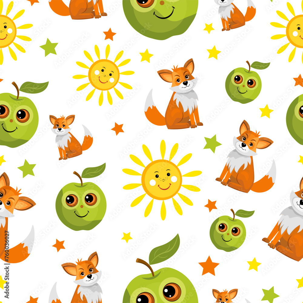 Fototapeta premium Seamless pattern with foxes, apple and sun