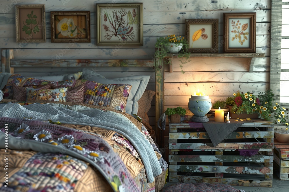 A cozy, rustic bedroom infused with the spirit of Earth Day through its unique decorations.