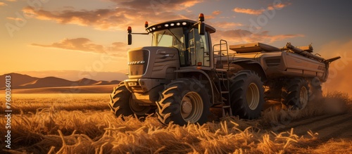 Harvester tractor dumps harvested wheat into truck. at sunset