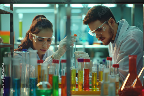 Young scientist chemists are working in a laboratory with many colourful tubes and instruments
 photo