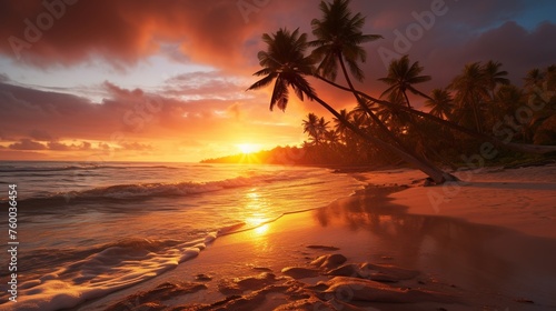 Beach panorama with sea water and palm trees and beautiful sunset view.