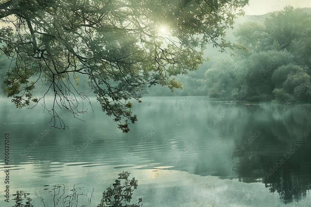 Ein ruhiger, leerer See mit Bäumen ringsherum im Morgennebel, sanfte Grüntöne, stimmungsvolle Atmosphäre - obrazy, fototapety, plakaty 