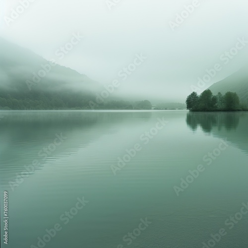 Ein ruhiger, leerer See mit Bäumen ringsherum im Morgennebel, sanfte Grüntöne, stimmungsvolle Atmosphäre