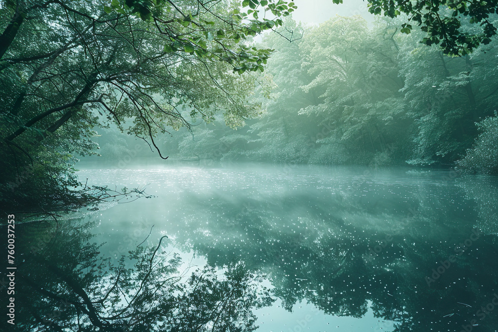 Ein ruhiger, leerer See mit Bäumen ringsherum im Morgennebel, sanfte Grüntöne, stimmungsvolle Atmosphäre - obrazy, fototapety, plakaty 