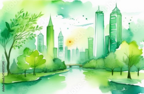 Sunny green city and park, watercolor technique.