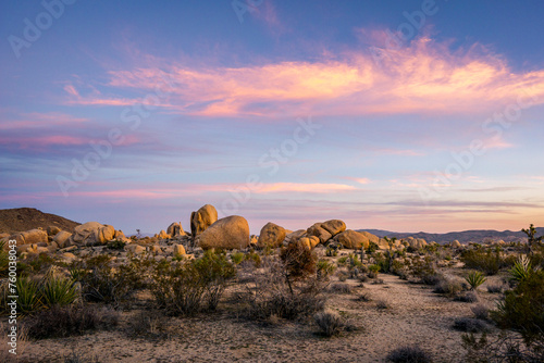 Rock formations and boulders in Joshua Tree National Park, California.