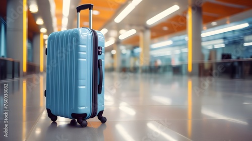 Travel luggage blue suitcase at the airport.