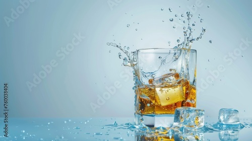 Glass of splashing whiskey or other alcohol with ice cube 