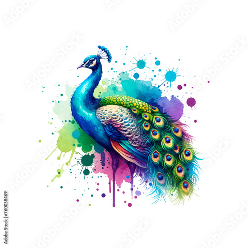 Beautiful watercolor peacock isolated on a transparent background