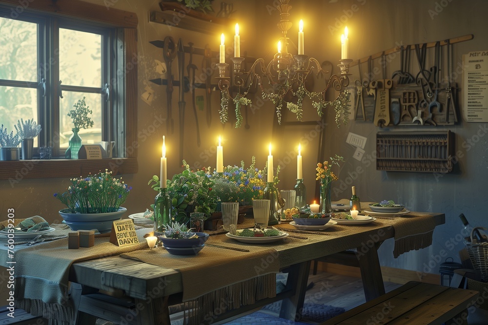A cozy, rustic dining room ready for an Earth Day feast, showcasing a handmade farmhouse table crafted from reclaimed barn wood.