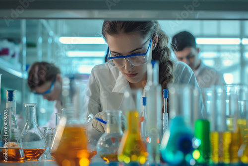 Young scientist chemists are working in a laboratory with many colourful tubes and instruments photo