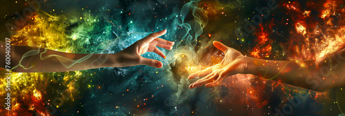 Hands Reaching for the Stars, Universe Concept, Cosmic Energy and Spirituality, Abstract Galaxy Background photo