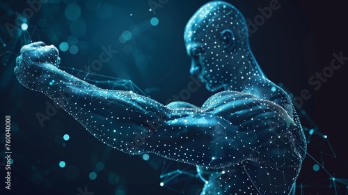 An illustration of human power with a low poly wireframe banner template. 3D male hand muscles with flexed biceps and connected dots. photo