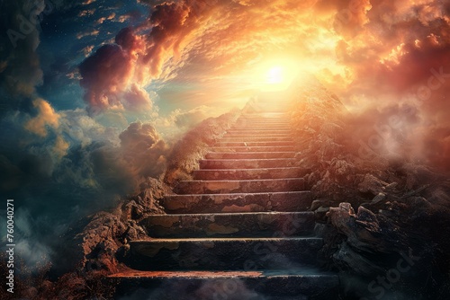 Ascending stairs to the sun. Sunlight life. Generate Ai