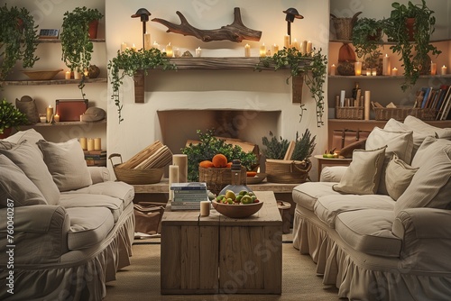 A cozy, rustic living room transformed for Earth Day with a focus on harmony with nature. © Sajida