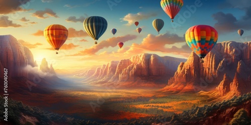 Colorful Hot Air Balloons Soaring Above Grand Canyon Generative AI