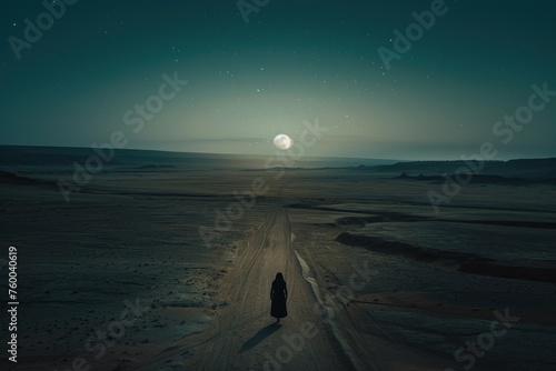 Lost soul wandering a barren desert, full moon, high contrast, drone shot from above, cinematic © wasan