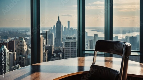 Modern office building with a view of the city. A sleek desk with a chair sits beneath a large window with a view of the city skyline. 