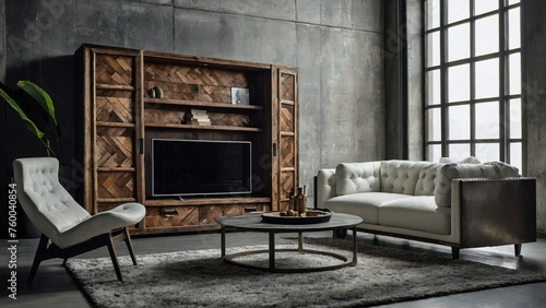 A rustic cabinet. Minimalist living space. A plush, white tufted sofa set. Industrial concrete walls. Modern living room.