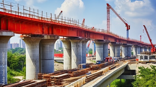 under construction bridge with red supports placed for metro train tracks, expressway to help solve traffic problem of delhi India gurgaon.


 photo