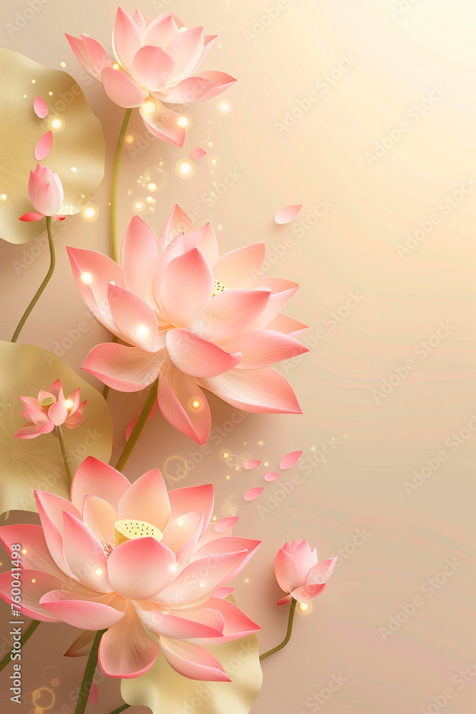 Obraz premium Pink lotus flowers on a soft pastel light background, next to the magical glowing lights of garlands, creating an atmosphere of goodness, lightness, faith