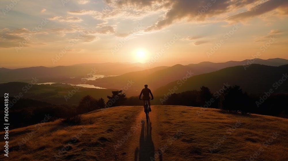 Aerial view of Hiker with bicycle watching sunset.


