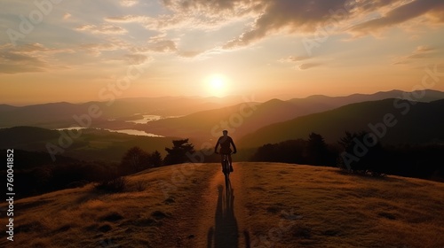 Aerial view of Hiker with bicycle watching sunset.
