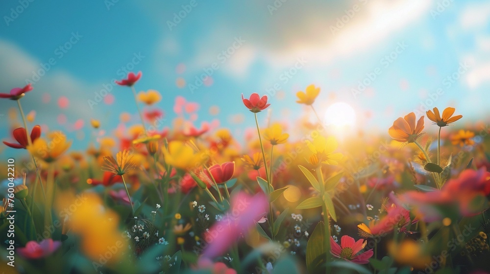 front view field of flowers, sunny day background.  Lifestyle concept. For banner, design. shop, card, invitation, poster, interior, magazine, flyer, cover, mother's day