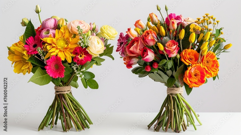 two bouquet of flowers on a white isolated background with copy space for text. Commercial style. For banner, design shop, card, invitation, poster, interior, magazine, flyer, cover, mother's day, two bouquet of flowers on a white isolated background with copy space for text. Commercial style. For banner, design shop, card, invitation, poster, interior, magazine, flyer, cover, mother's day,
