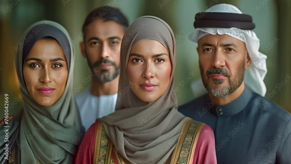 Arab man and woman in traditional attire pose for group portrait in Dubai studio, UAE.,generative ai Arab man and woman in traditional attire pose for group portrait in Dubai studio, UAE.,generative ai