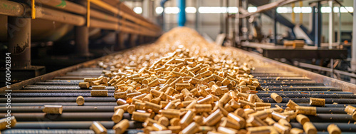 A conveyor belt is filled with wood chips