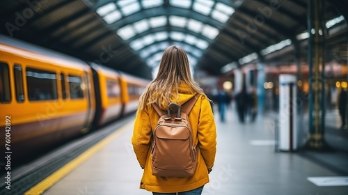 Back view woman in casual clothes walking on platform towards train door on railway station in London, United Kingdom.