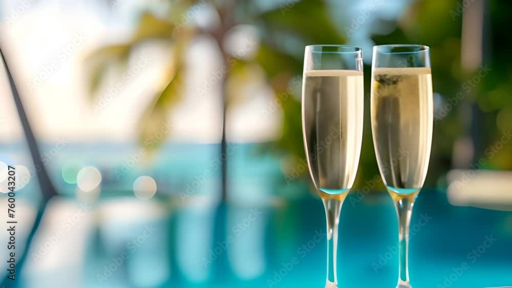 two champagne flutes by the luxury turquoise swimming pool, palm trees in background, luxury vacation concept. two champagne flutes by the luxury turquoise swimming pool, palm trees in background, luxury vacation concept.
