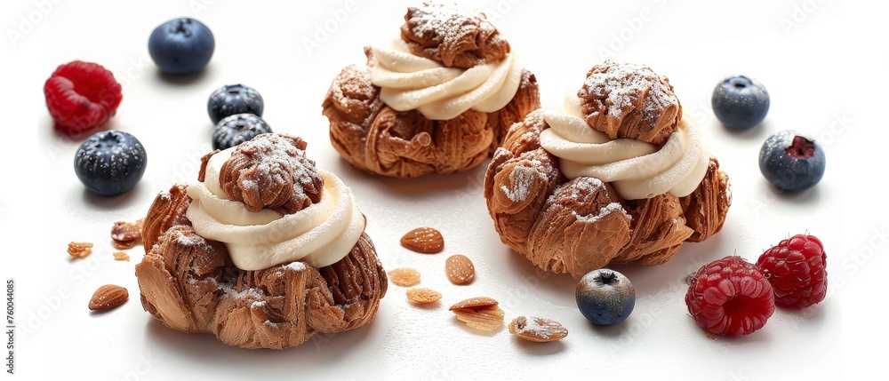 Cream puff or profiterole with filling, powdered with sugar, with berries, isolated on white background, Fresh homemade cream puffs cake, French choux puff, ecler, dessert closeup. Pastries. Top