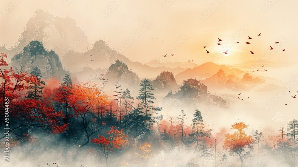 Ink landscape painting. Golden texture. Hand-painted, Chinese style, artistic conception landscape painting. Modern Art. Prints, wallpapers, posters, murals, carpets. - obrazy, fototapety, plakaty 